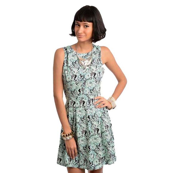 Mint Green & Black Floral Pattern Sleeveless Dress - Picture 2 of 8
